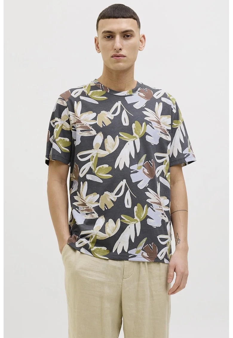 Tricou cu decolteu la baza gatului si model, Verde masliniu/Alb murdar/Gri inchis