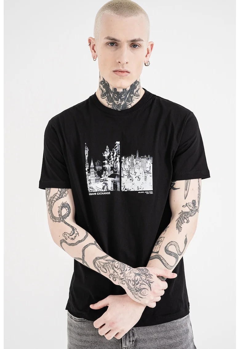 Tricou regular fit cu model grafic, Negru/Alb murdar