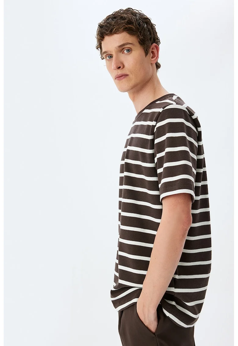 Tricou din bumbac cu model in dungi, Alb/Maro inchis