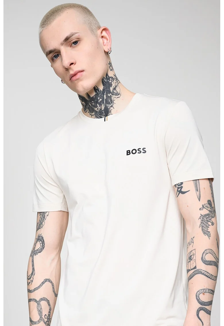 Tricou cu logo contrastant, Alb fildes/Negru