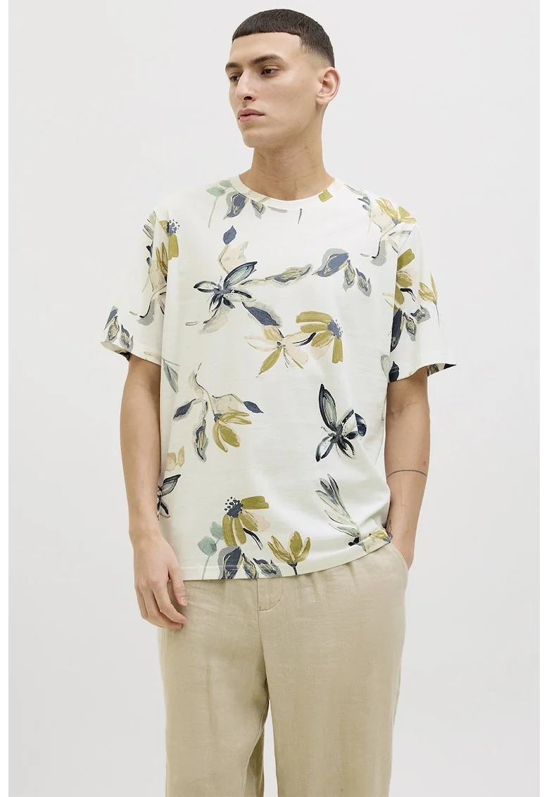 Tricou cu decolteu la baza gatului si model, Verde/Verde masliniu/Alb murdar