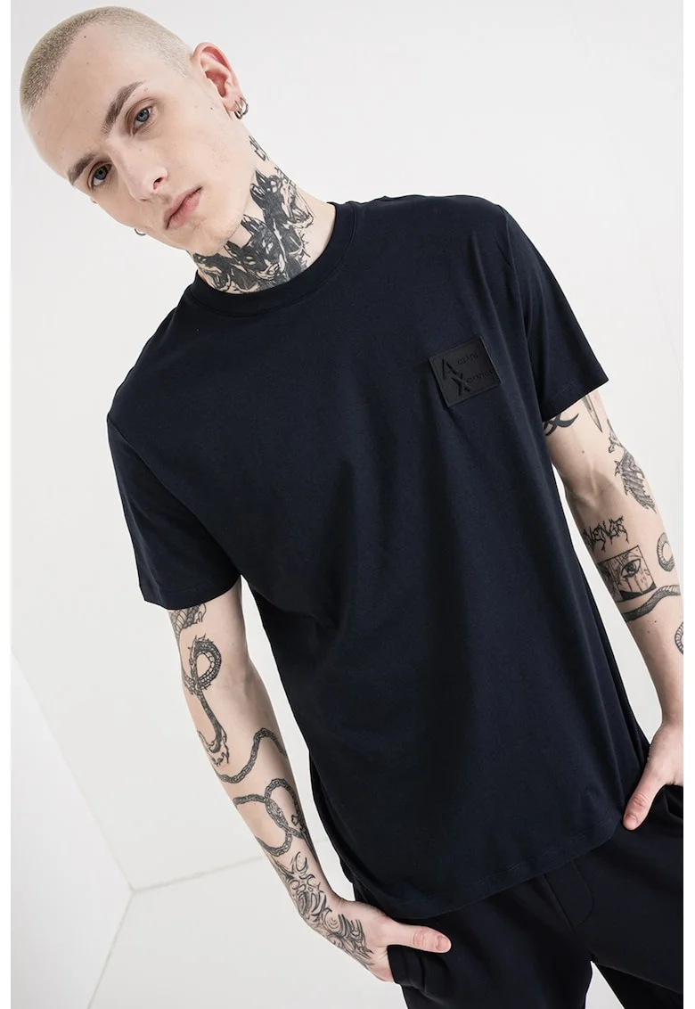Tricou regular fit cu decolteu la baza gatului, Negru/Bleumarin