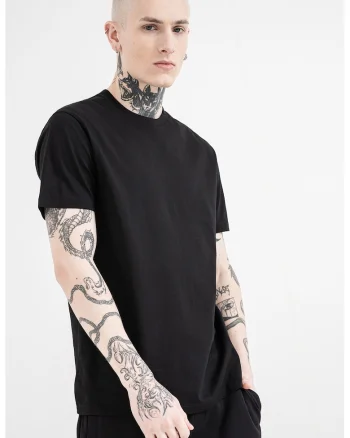 Tricou de bumbac cu decolteu la baza gatului, Negru