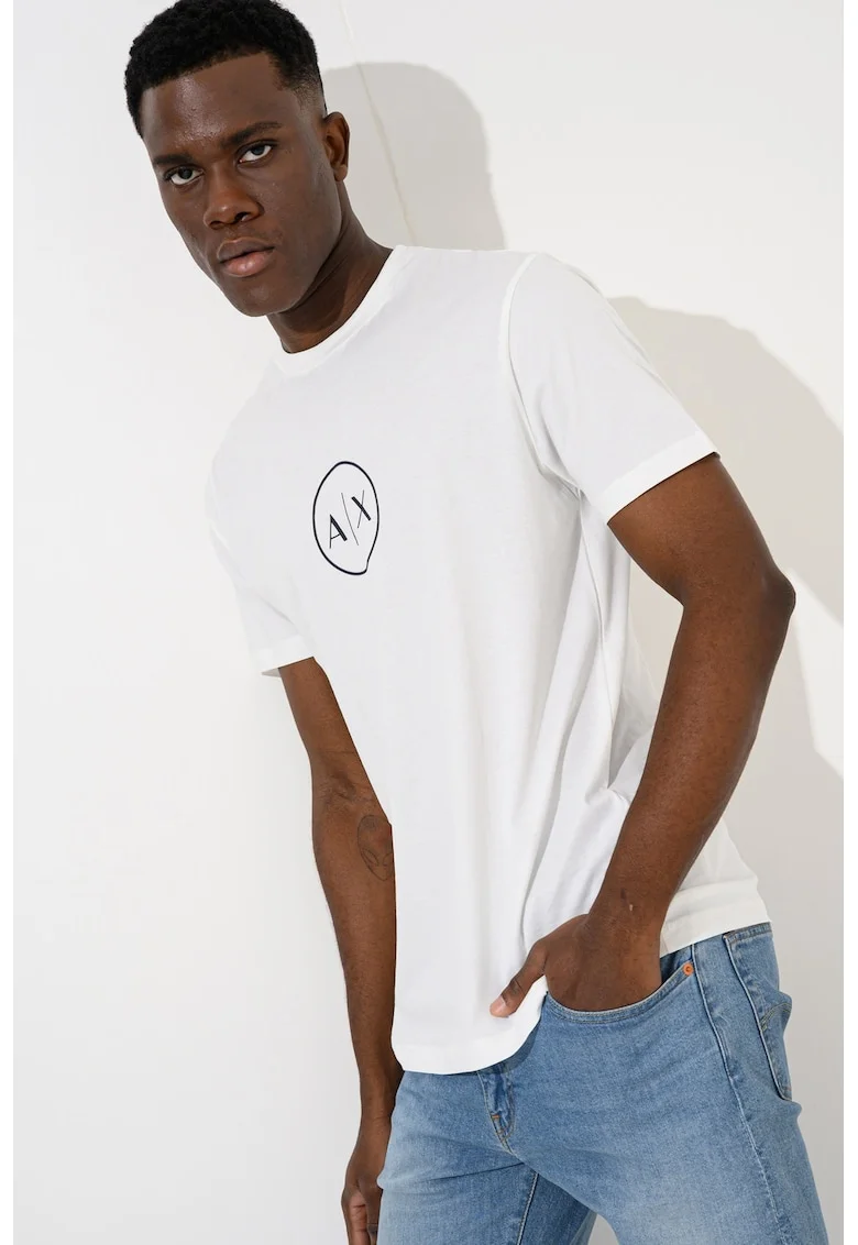 Tricou de bumbac cu monograma, Alb/Negru