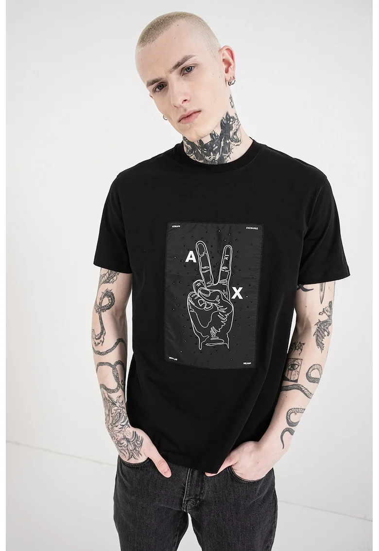Tricou regular fit cu model grafic, Alb/Negru