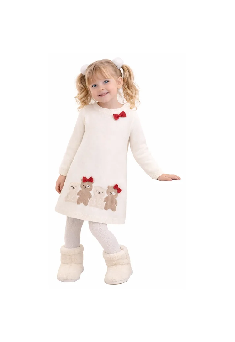 Rochie tricotata cu detalii grafice, Rosu, Alb fildes, Maro deschis