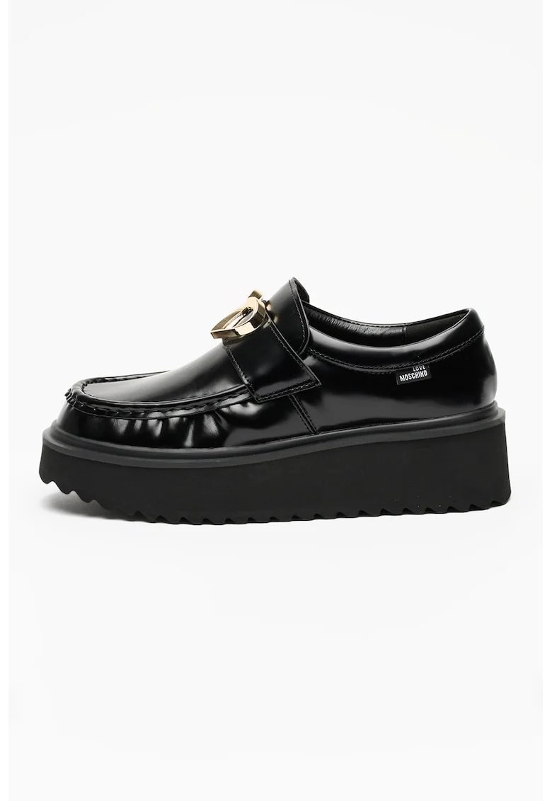 Pantofi loafer din piele cu platforma si detaliu metalic, Auriu/Negru
