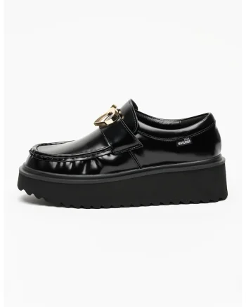 Pantofi loafer din piele cu platforma si detaliu metalic, Auriu/Negru
