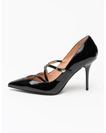 Pantofi din piele lacuita cu toc stiletto si barete Spill, Auriu/Negru