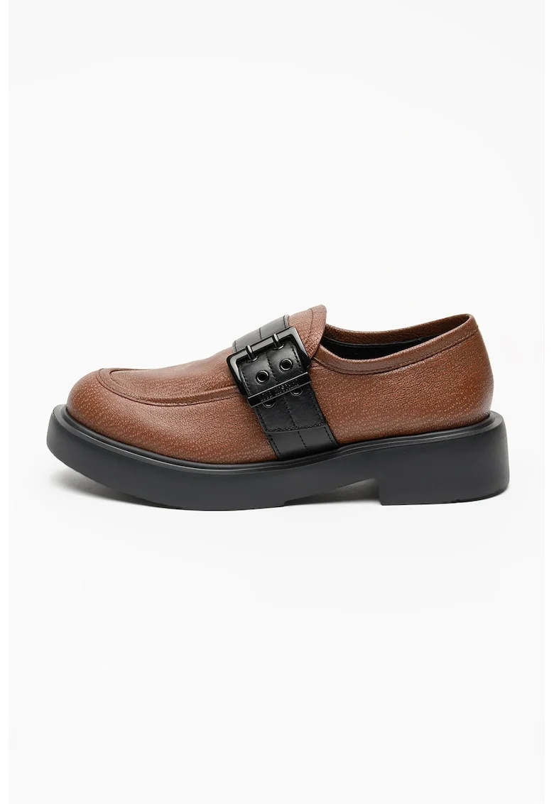 Pantofi loafer din piele cu catarama decorativa City, Negru/Maro