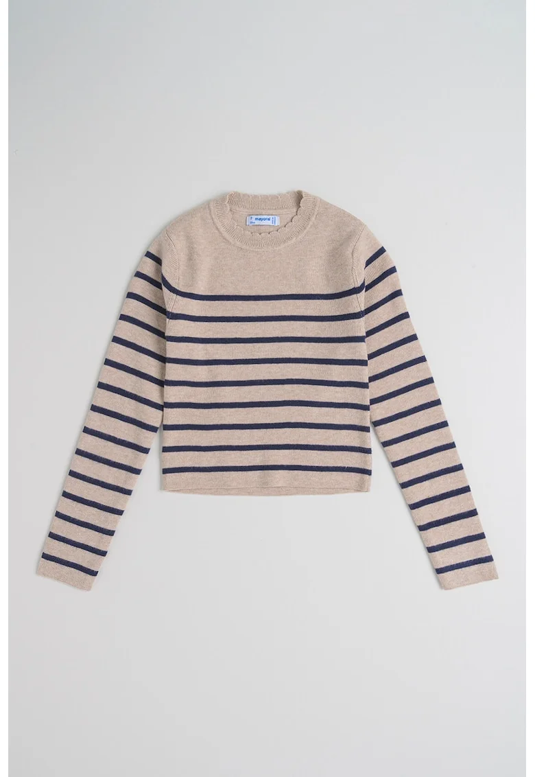 Pulover tricotat fin cu model in dungi, Maro camel/Bleumarin