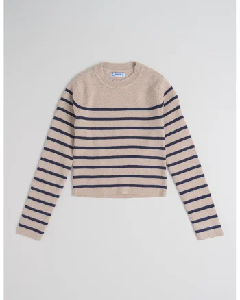 Pulover tricotat fin cu model in dungi, Maro camel/Bleumarin