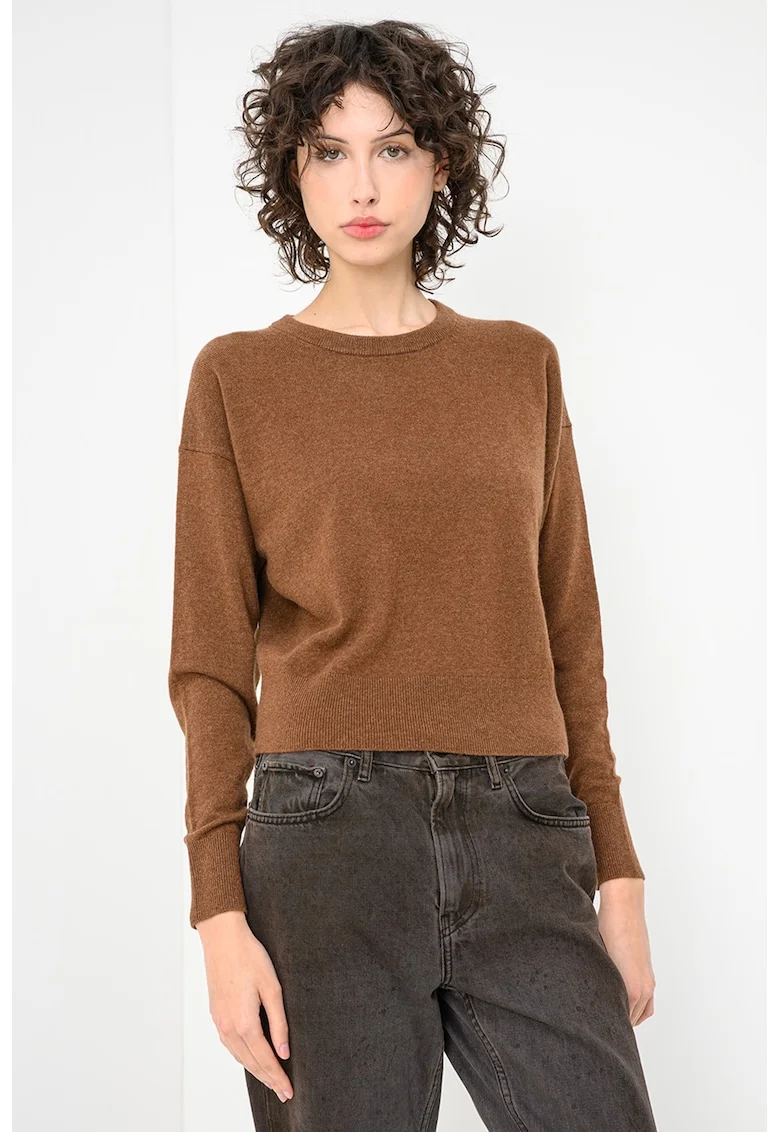 Pulover din casmir cu model uni, Maro camel