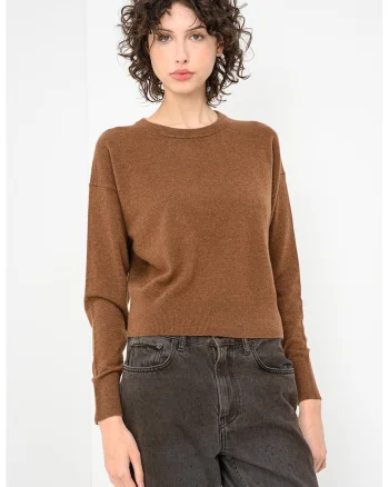 Pulover din casmir cu model uni, Maro camel