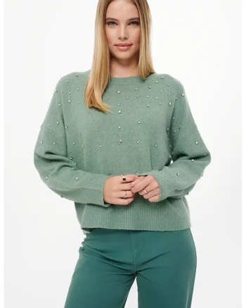 Pulover din amestec de lana cu strasuri, Verde deschis/Argintiu