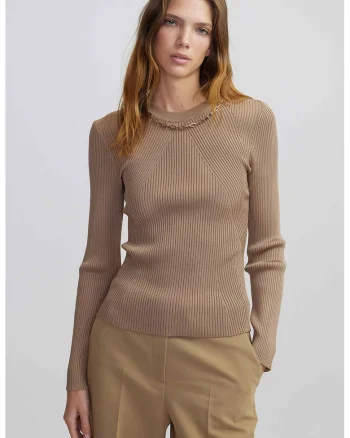 Pulover striat cu decolteu la baza gatului, Maro camel