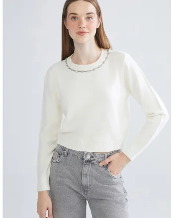 Pulover crop cu decolteu decorat, Alb/Argintiu
