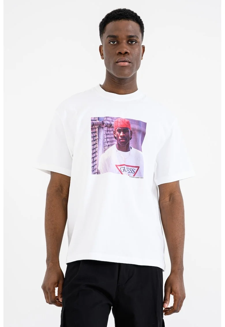 Tricou cu decolteu la baza gatului si imprimeu foto Allen Iverson, Alb/Mov inchis