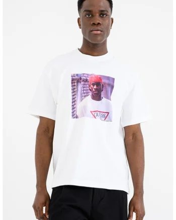 Tricou cu decolteu la baza gatului si imprimeu foto Allen Iverson, Alb/Mov inchis