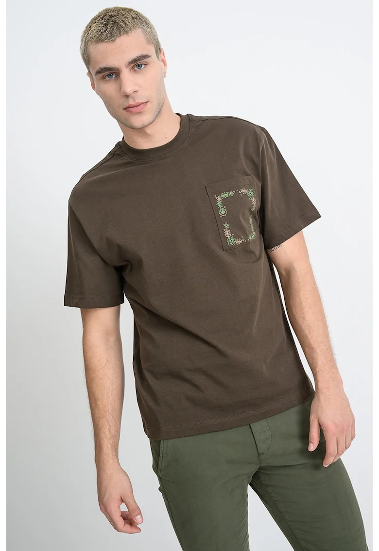 Tricou din bumbac cu buzunar pe partea din fata, Maro inchis/Verde pal