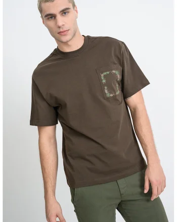 Tricou din bumbac cu buzunar pe partea din fata, Maro inchis/Verde pal
