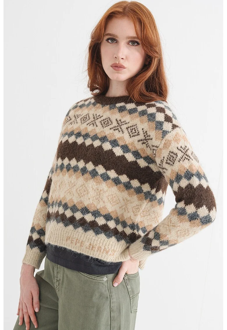 Pulover din amestec de lana cu model geometric, Maro inchis/Albastru inchis/Bej deschis