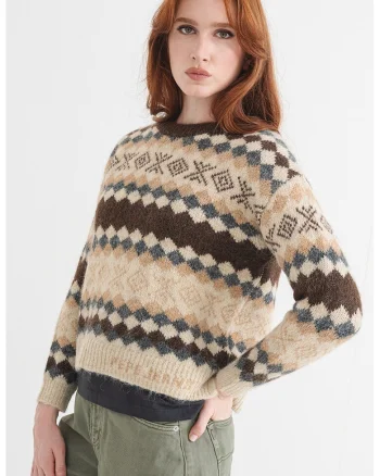 Pulover din amestec de lana cu model geometric, Maro inchis/Albastru inchis/Bej deschis