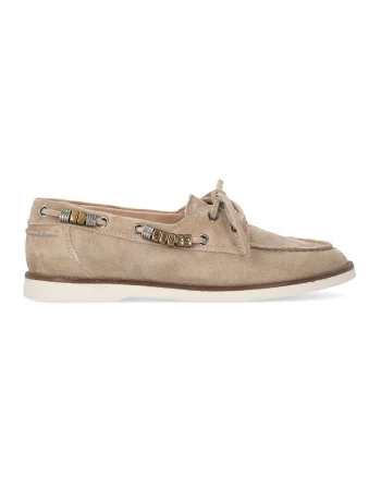 Mocasini din piele intoarsa cu logo Grace, Maro taupe deschis