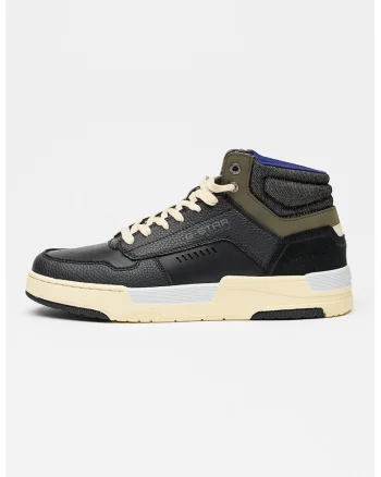 Pantofi sport mid-cut de piele si segmente de denim, Negru/Kaki inchis