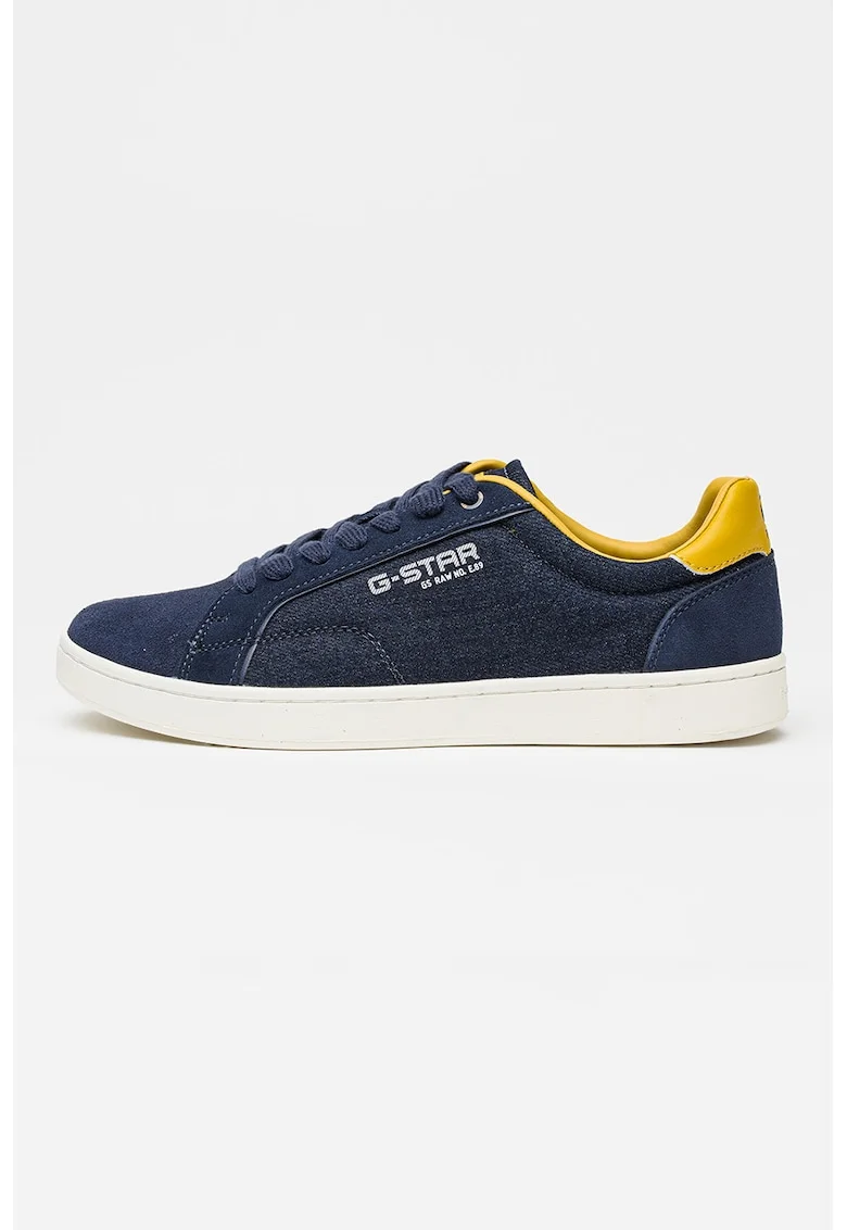 Pantofi sport low-cut din denim cu piele intoarsa, Galben miere/Bleumarin