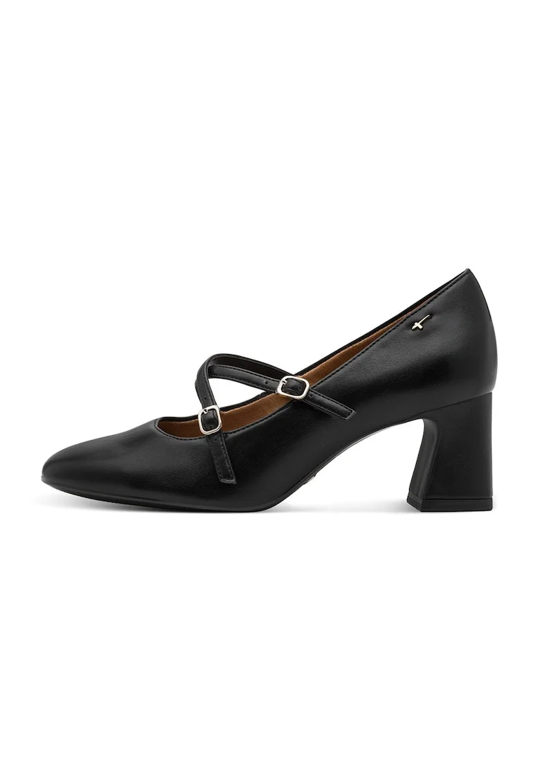 Pantofi de piele ecologica cu toc masiv si varf rotund, Negru
