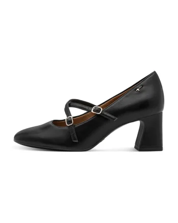 Pantofi de piele ecologica cu toc masiv si varf rotund, Negru