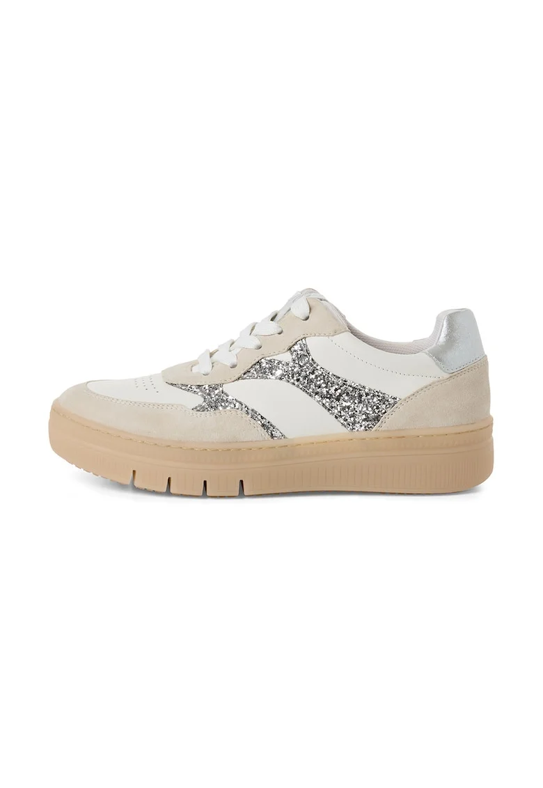 Pantofi sport cu model colorblock si garnituri de piele, Gri deschis/Bej/Argintiu