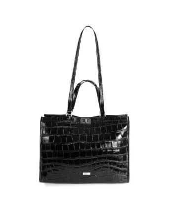Geanta shopper dama,  FL63 Noirelle, piele naturala, forma structurata, neagra, 35.5x28x13.5cm