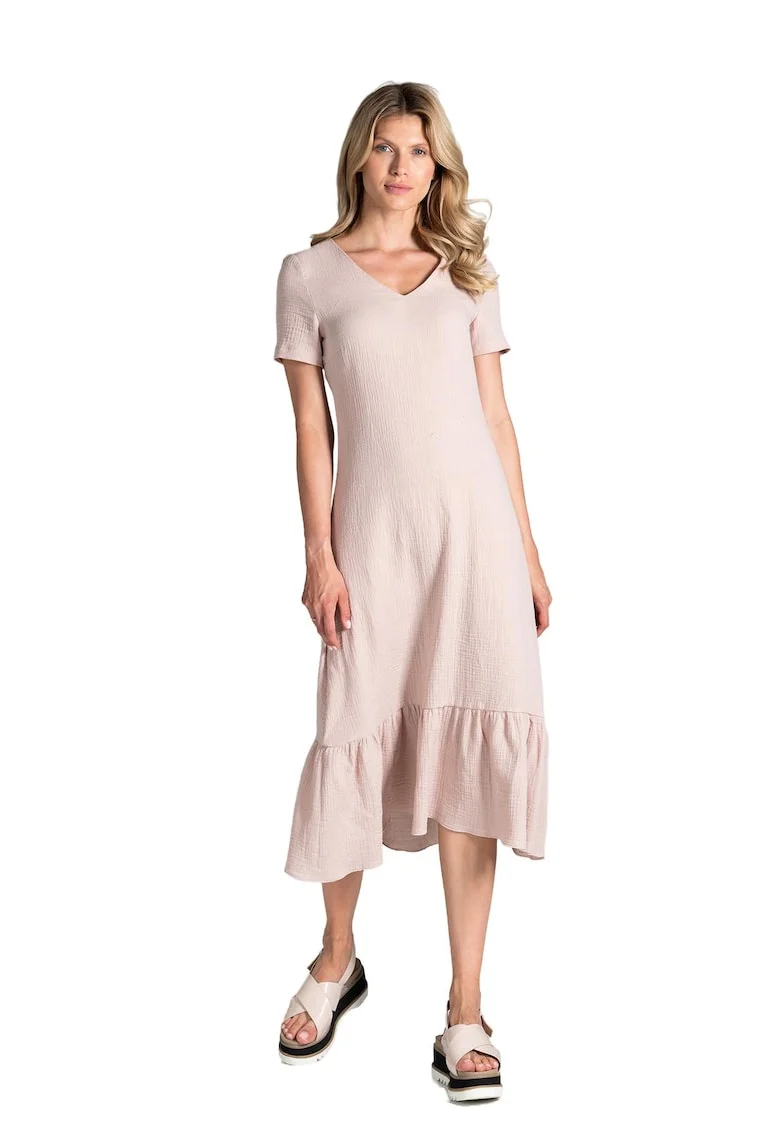 Rochie midi  bej din bumbac cu volane si maneci scurte, Roz