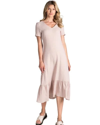 Rochie midi  bej din bumbac cu volane si maneci scurte, Roz