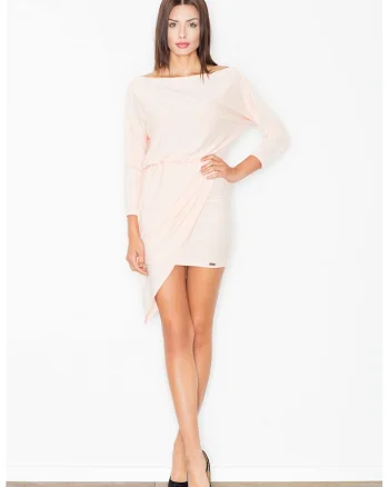 Rochie  asimetrica, eleganta, cu maneci lungi, poliester, Roz
