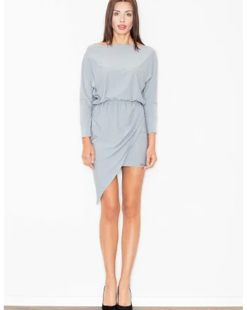 Rochie  asimetrica, eleganta, cu maneci lungi, poliester, Gri