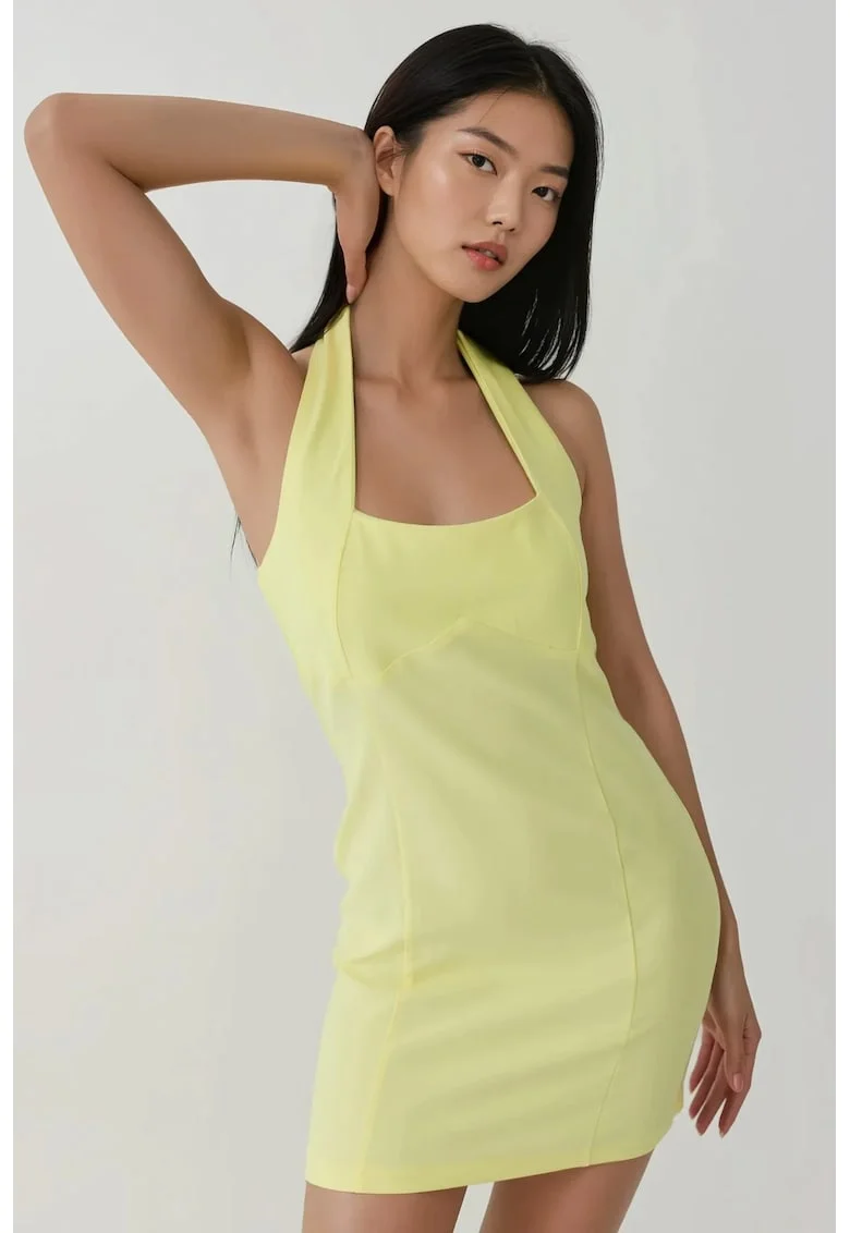 Rochie mini mulata  guler patrat, material textil, Galben lamaie, Galben lamaie