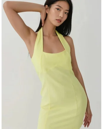 Rochie mini mulata  guler patrat, material textil, Galben lamaie, Galben lamaie