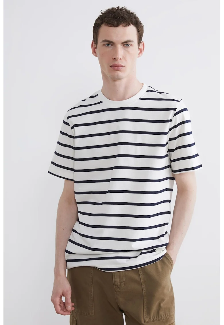 Tricou din bumbac cu dungi, Albastru ultramarin/Alb optic
