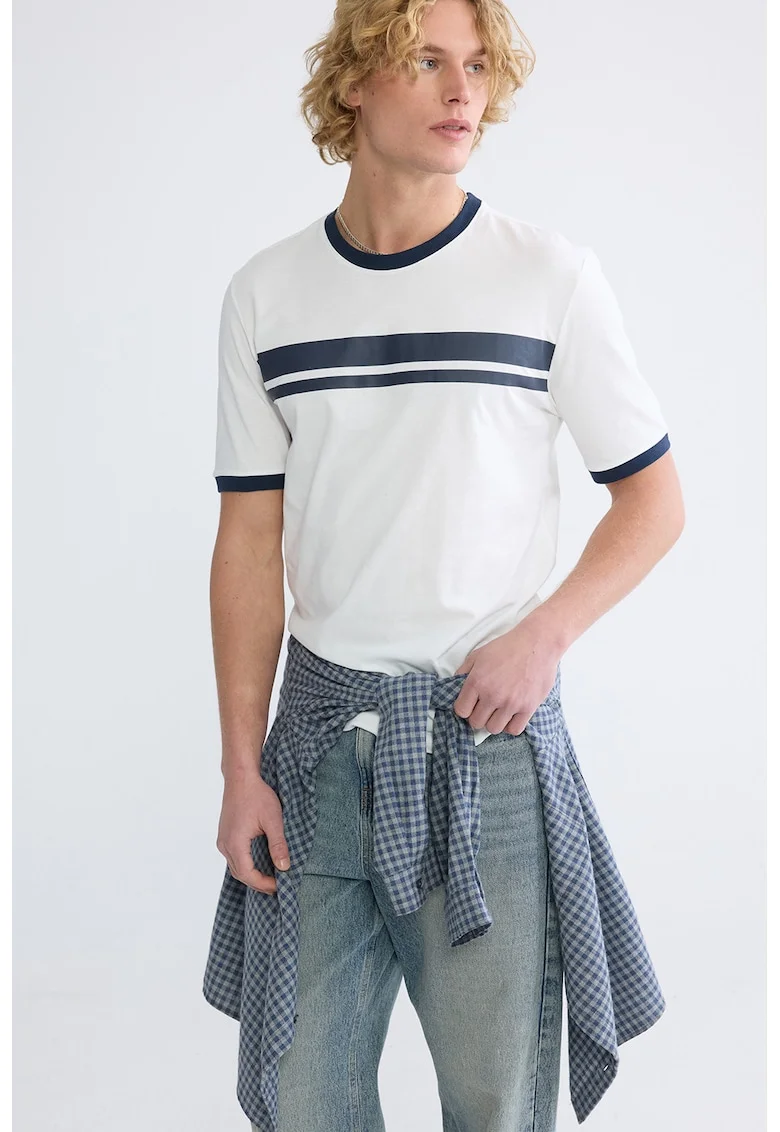 Tricou cu decolteu la baza gatului si dungi, Alb/Bleumarin