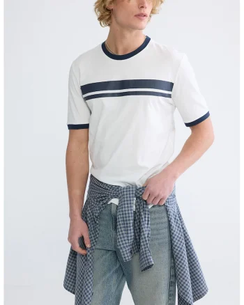 Tricou cu decolteu la baza gatului si dungi, Alb/Bleumarin