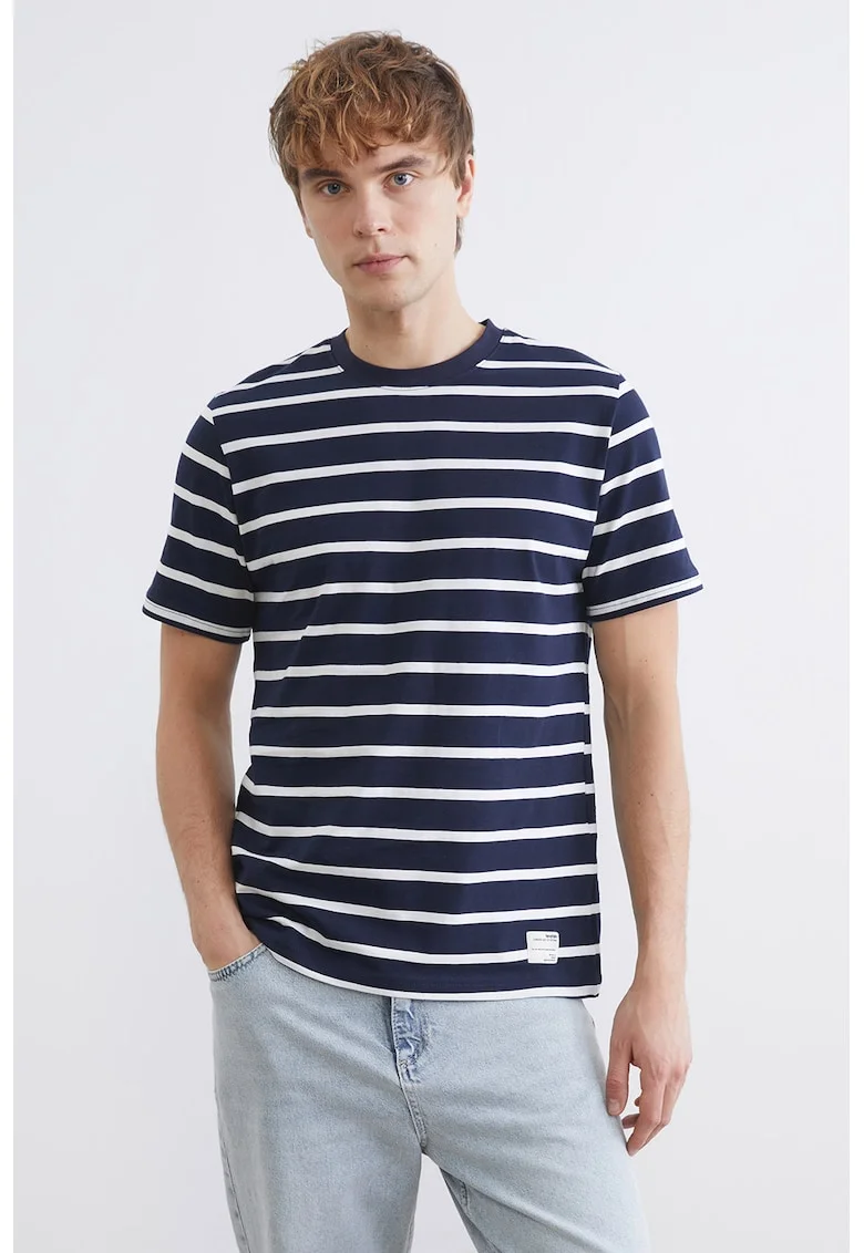 Tricou din bumbac cu dungi, Alb/Bleumarin