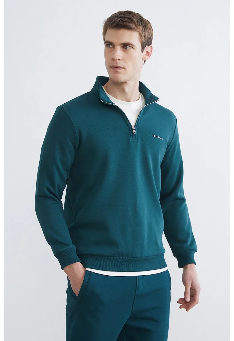 Bluza de trening cu fenta scurta cu fermoar, Albastru petrol