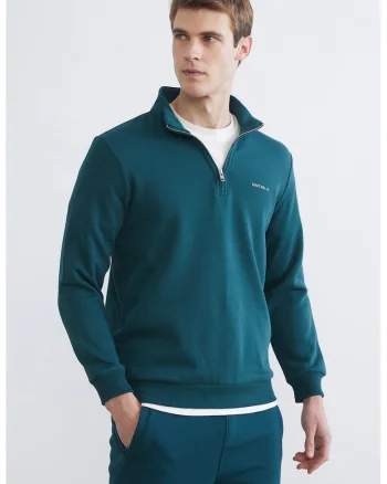 Bluza de trening cu fenta scurta cu fermoar, Albastru petrol