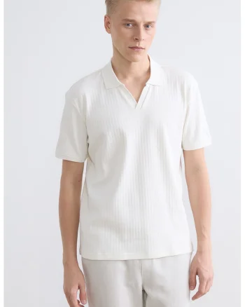 Tricou polo cu decolteu in V, Alb murdar