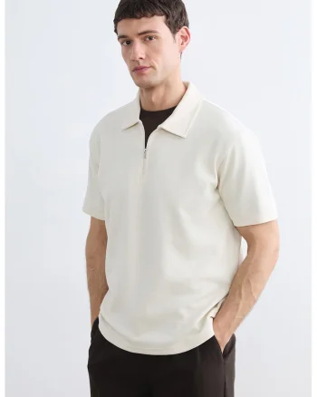 Tricou polo cu model uni si fenta cu fermoar, Maro nisip