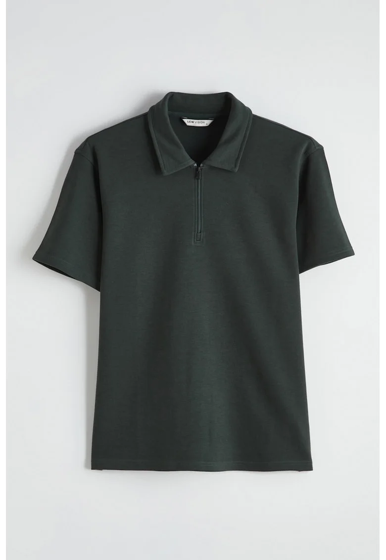 Tricou polo cu model uni si fenta cu fermoar, Verde inchis