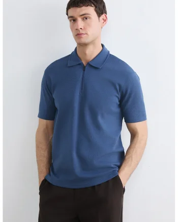 Tricou polo cu model uni si fenta cu fermoar, Albastru indigo